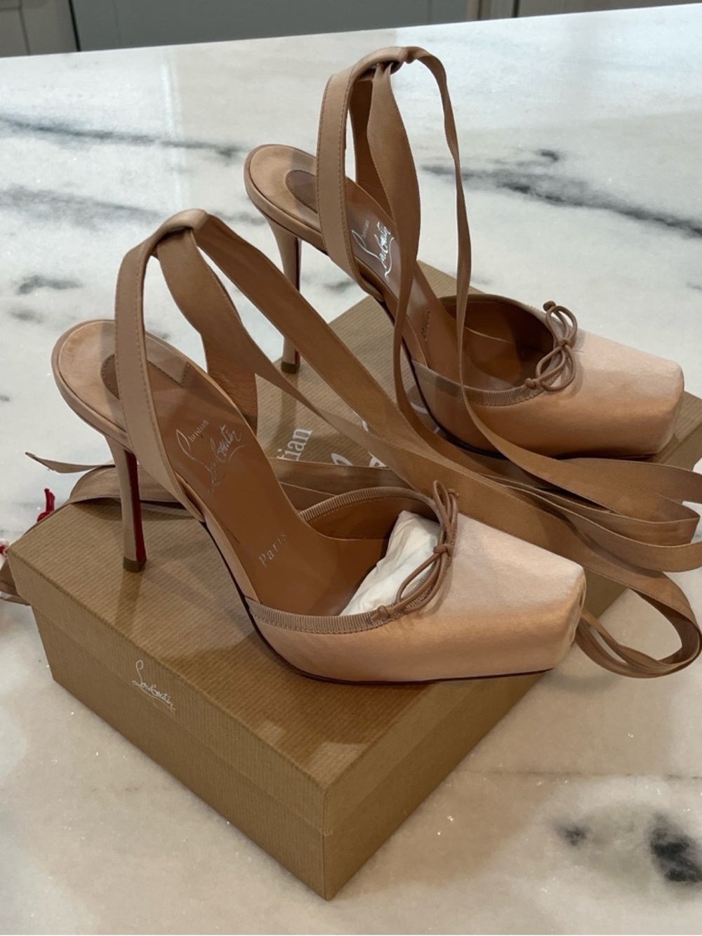 Christian Louboutin Blush Satin Lace-Up Platform Slingback Heels size 38